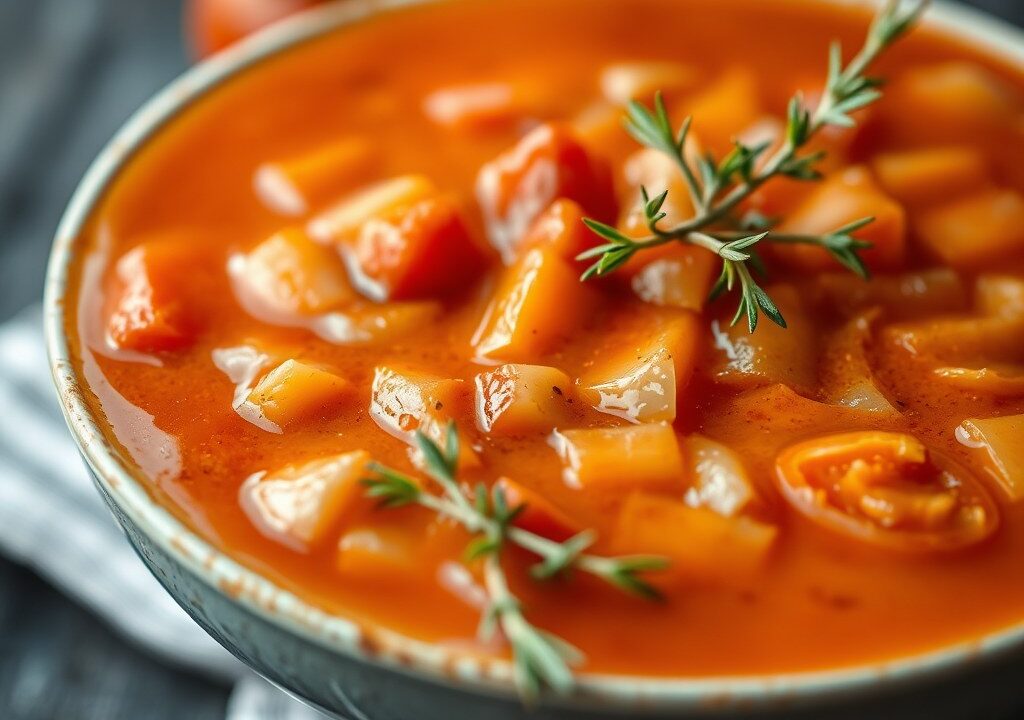 Tomatensoep van romatomaten, AI-gegenereerde illustratie