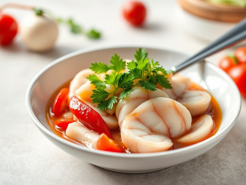 Tongschar met gekonfijt rood witloof, asperges en zurkelsaus, AI-gegenereerde illustratie
