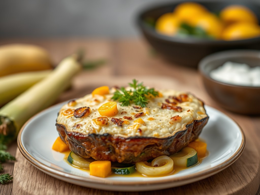 Tongschar met röstilaagje van pompoen en courgette, AI-gegenereerde illustratie