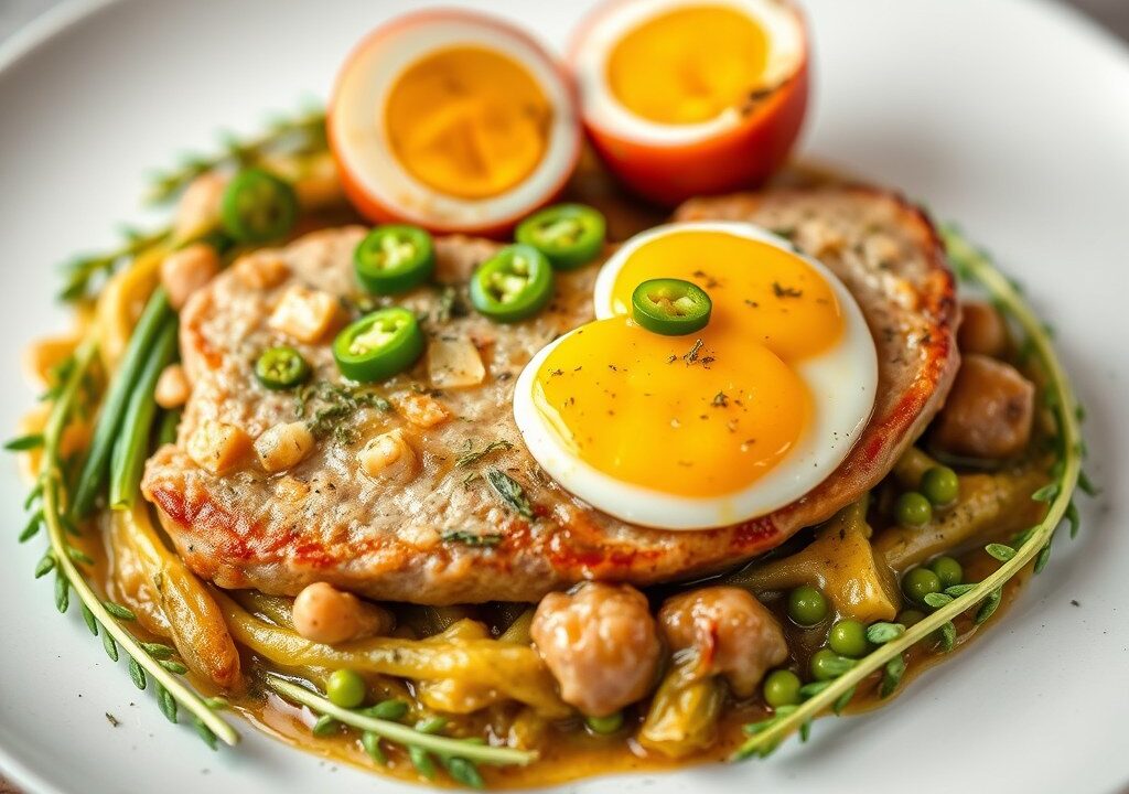 Tongscharfilet met groene peper en witloofflan, AI-gegenereerde illustratie