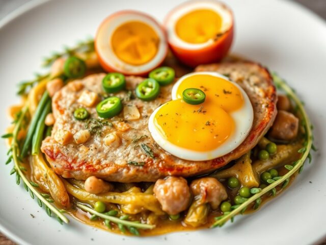 Tongscharfilet met groene peper en witloofflan — AI-gegenereerde illustratie