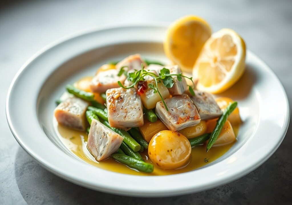Tonijn met asperges en nieuwe aardappelen — AI-gegenereerde illustratie