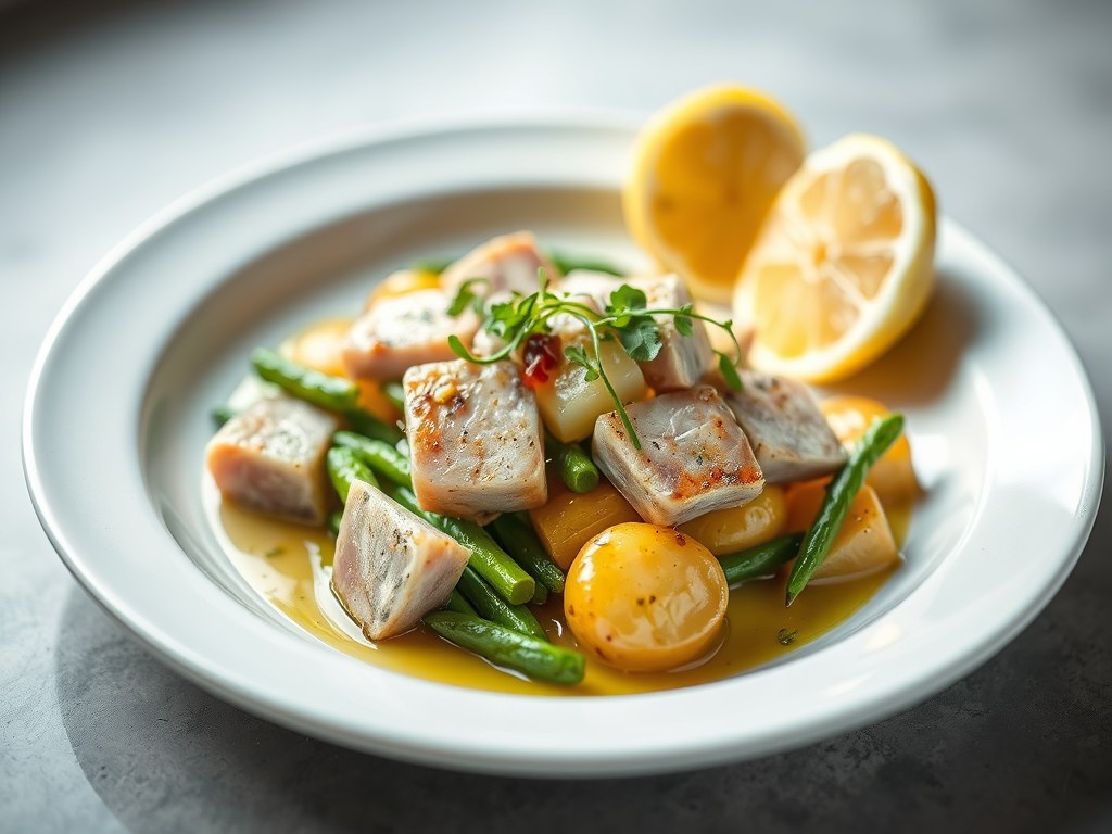 Tonijn met asperges en nieuwe aardappelen, AI-gegenereerde illustratie