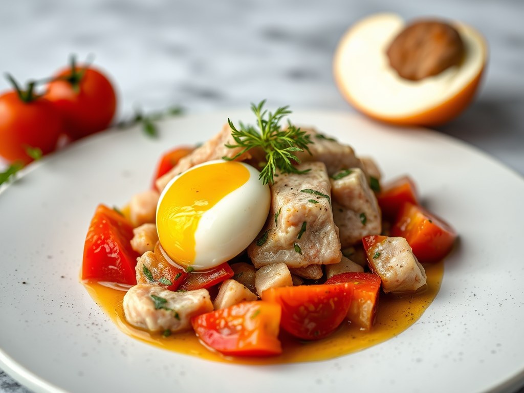 Tonijn met gemarineerde tomaten en hardgekookte ei, AI-gegenereerde illustratie