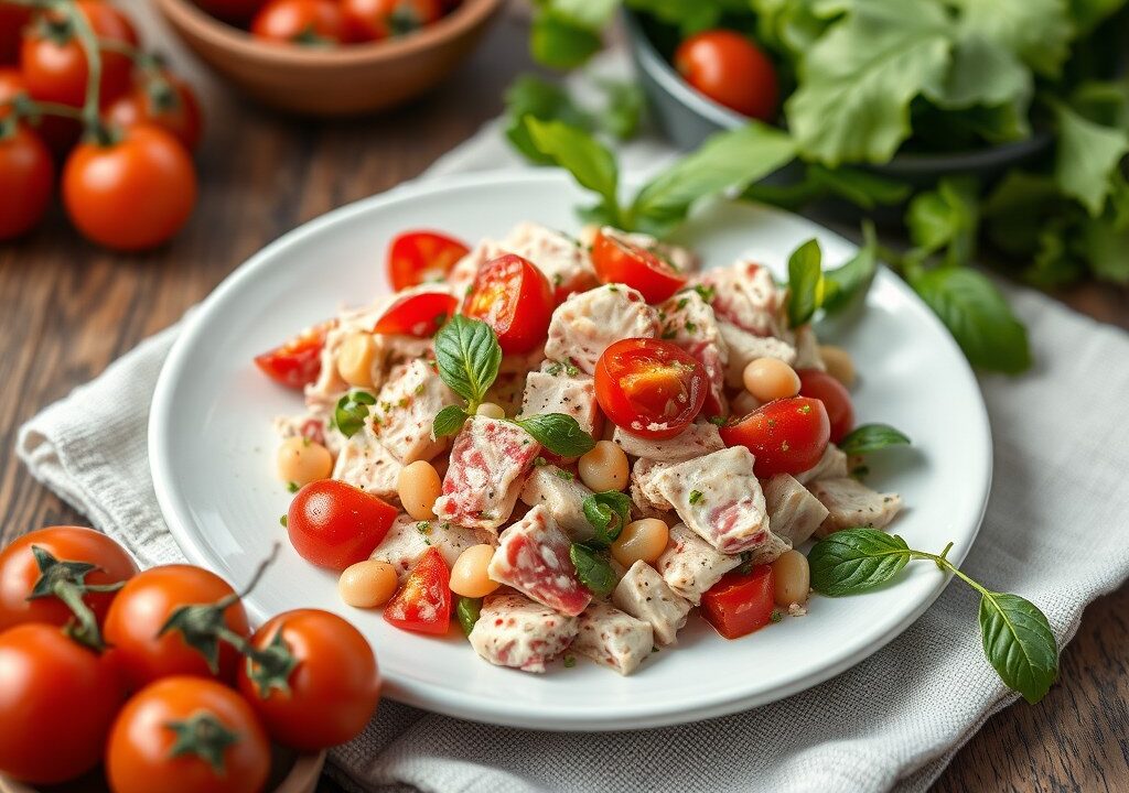 Tonijn-tomaatsalade met maïs, AI-gegenereerde illustratie