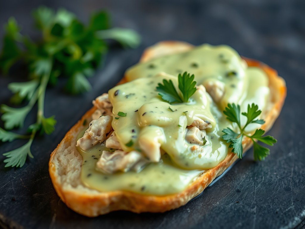 Tonijnbrood met een lichte groene saus, AI-gegenereerde illustratie