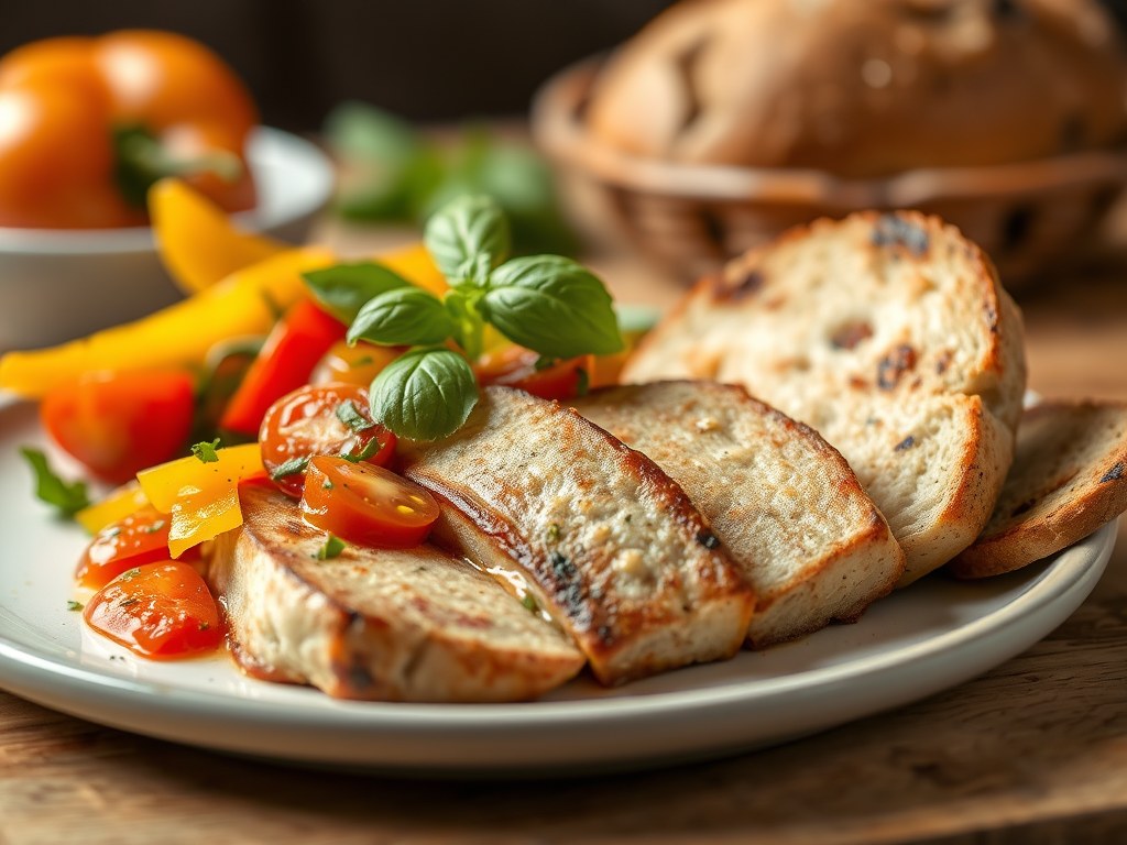 Tonijnfilets met salade van kerstomaatjes, geroosterd brood en basilicumsaus, AI-gegenereerde illustratie