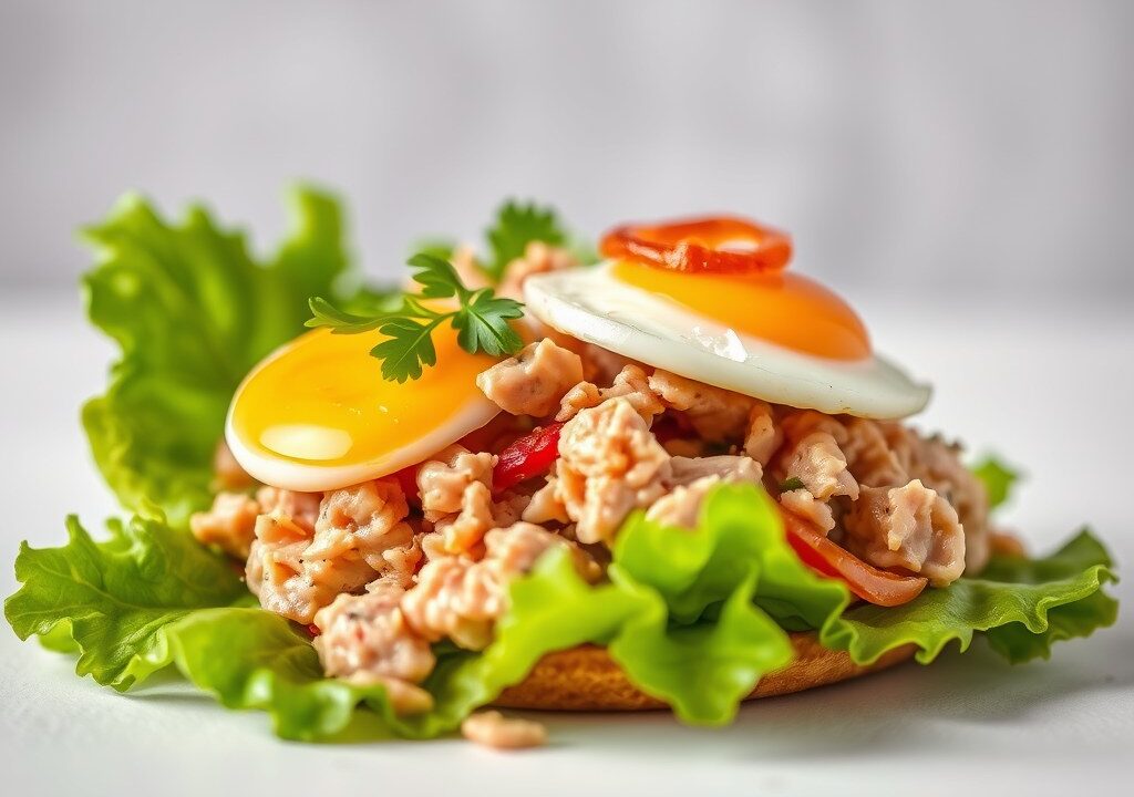 Tonijnsalade met gebakken ei en gebakken ui — AI-gegenereerde illustratie