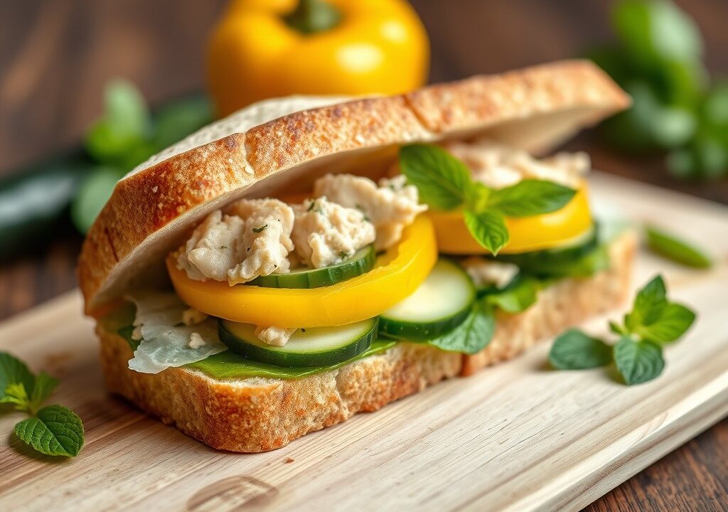 Tonijnsandwich met gele paprika, komkommer en munt, AI-gegenereerde illustratie
