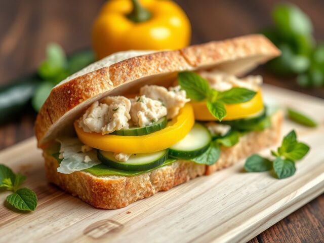 Tonijnsandwich met gele paprika, komkommer en munt — AI-gegenereerde illustratie