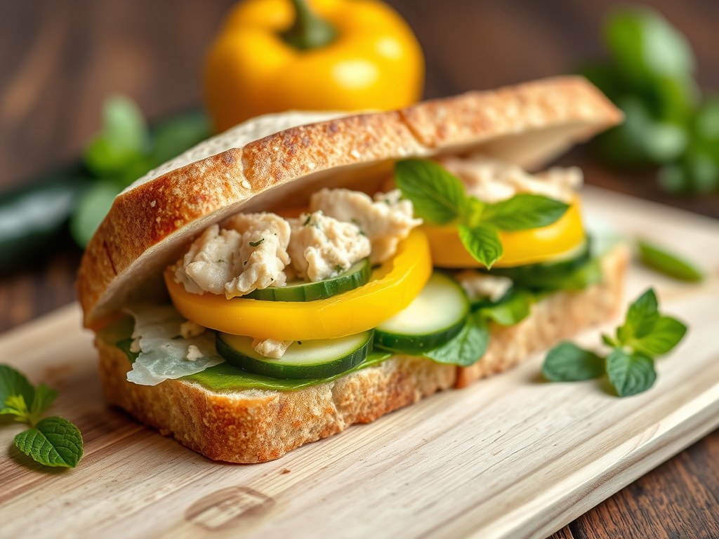 Tonijnsandwich met gele paprika, komkommer en munt, AI-gegenereerde illustratie
