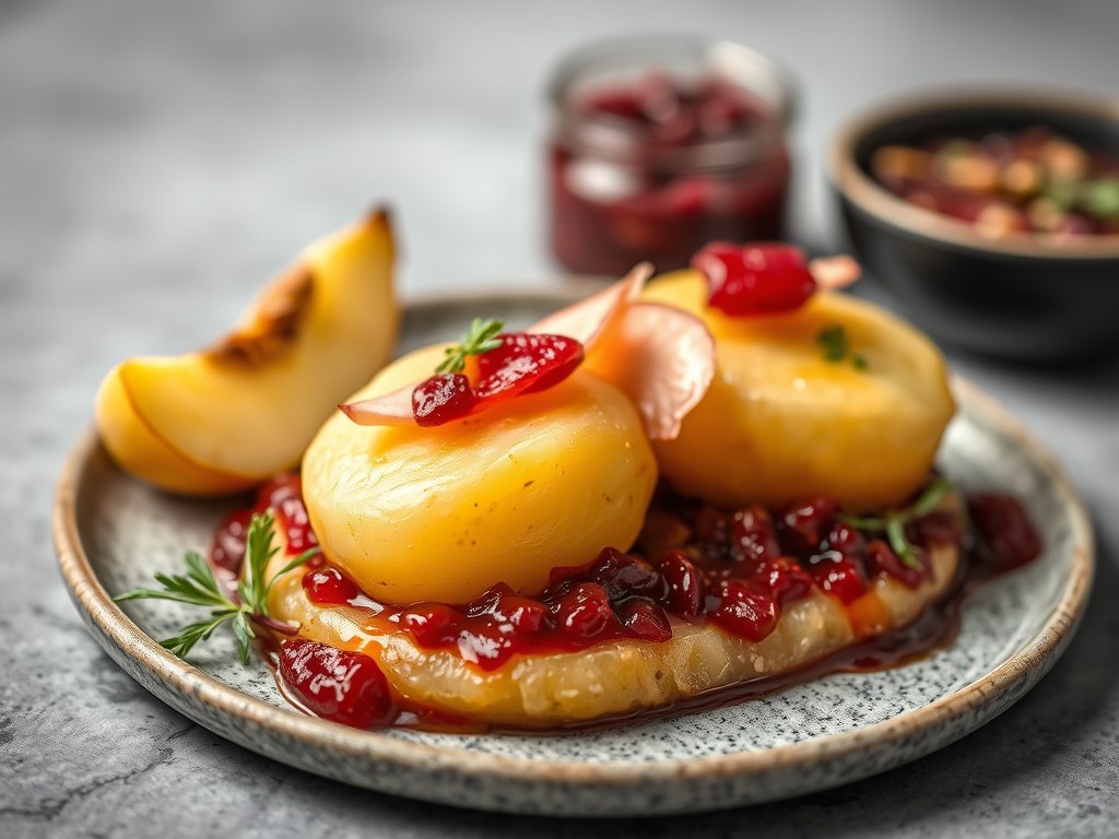 Torentje van aardappel en foie gras met een chutney van appel en biet, AI-gegenereerde illustratie