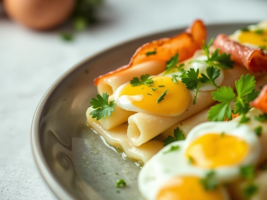 Torentje van asperges met Vlaamse ovengebakken ham, AI-gegenereerde illustratie