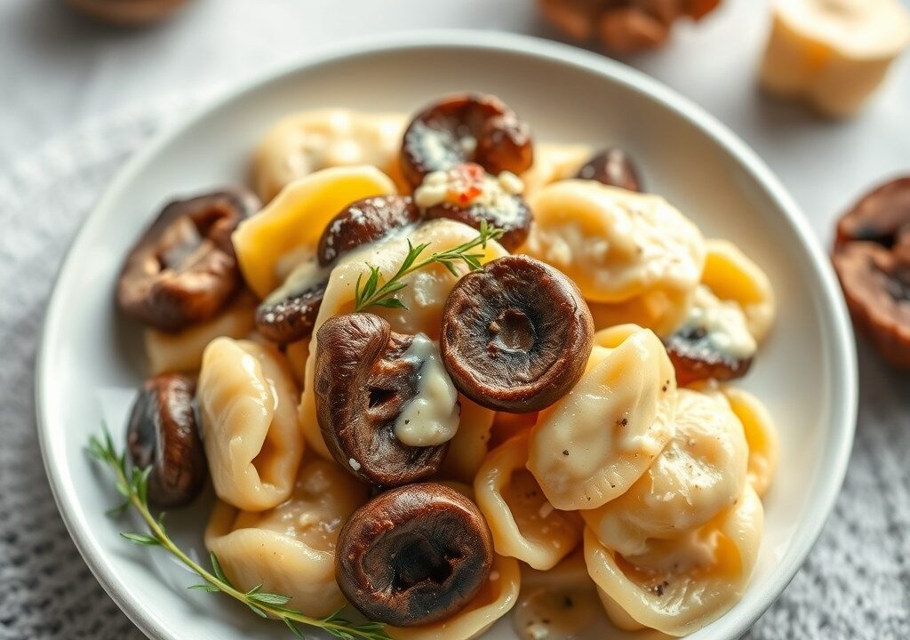 Tortelini met kaas en champignons — AI-gegenereerde illustratie