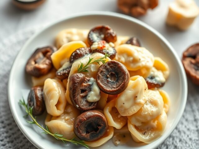 Tortelini met kaas en champignons — AI-gegenereerde illustratie