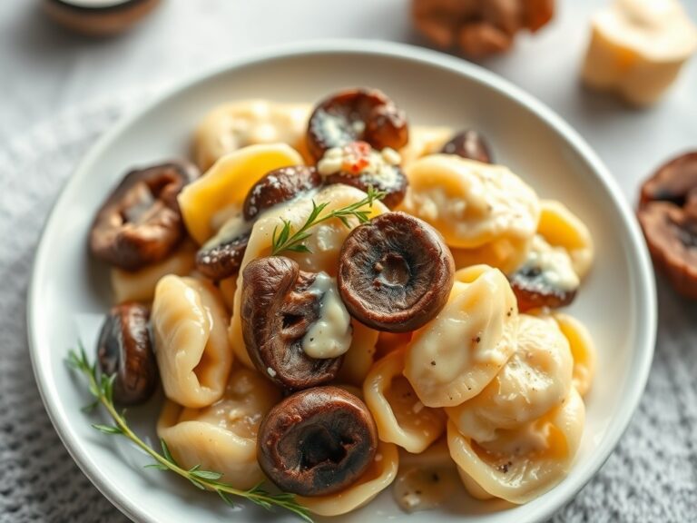 Tortelini met kaas en champignons — AI-gegenereerde illustratie