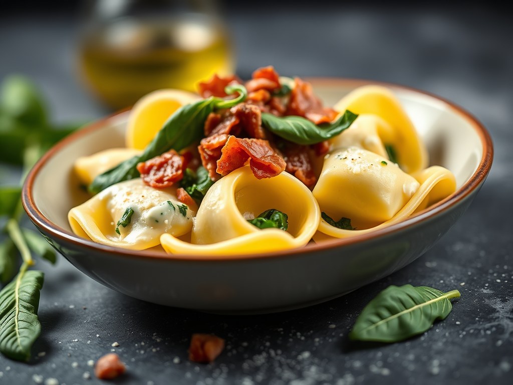 Tortellini met ricotta en spinazie, AI-gegenereerde illustratie