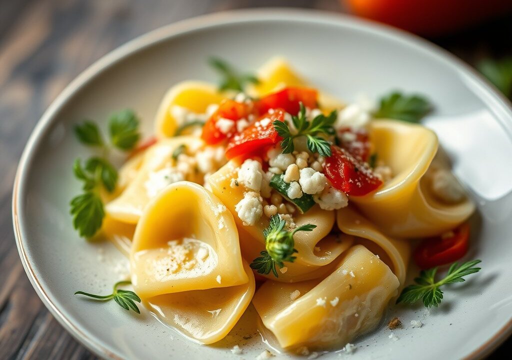 Tortellini met spruiten, citroencrème en Parmezaan — AI-gegenereerde illustratie