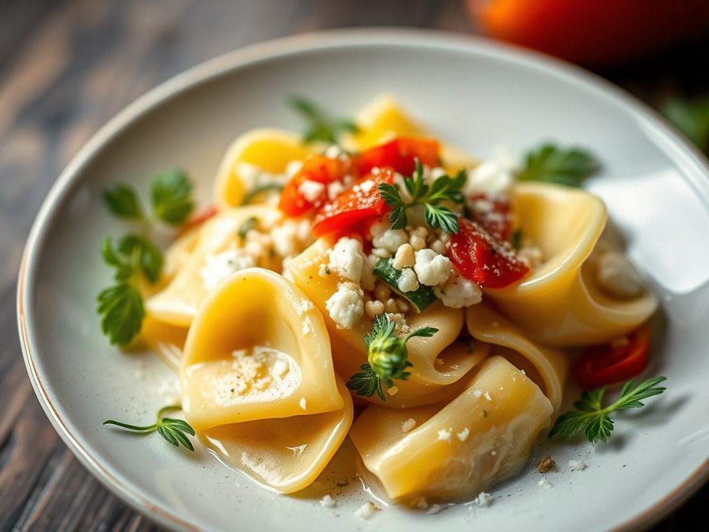 Tortellini met spruiten, citroencrème en Parmezaan, AI-gegenereerde illustratie