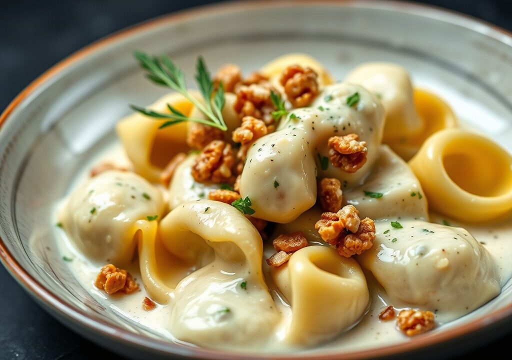 Tortellini met supersnelle walnoot – mascarpone saus — AI-gegenereerde illustratie