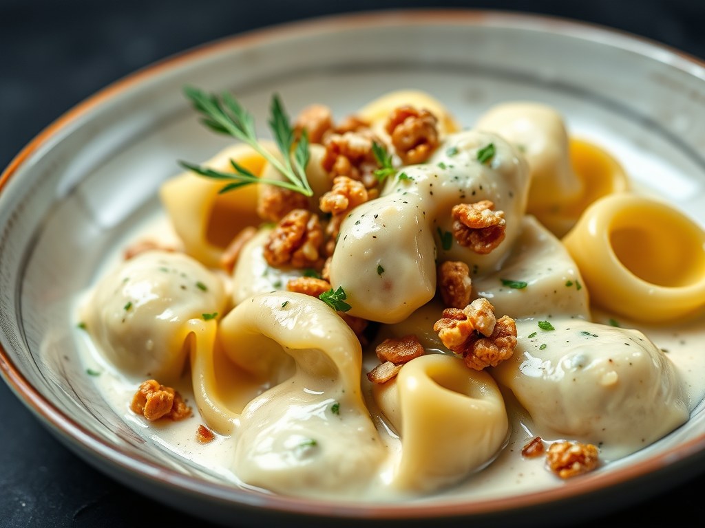 Tortellini met supersnelle walnoot – mascarpone saus, AI-gegenereerde illustratie