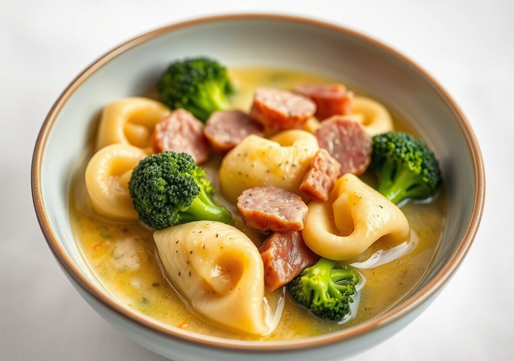 Tortellinischotel met broccoli, AI-gegenereerde illustratie