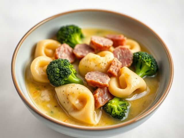 Tortellinischotel met broccoli — AI-gegenereerde illustratie