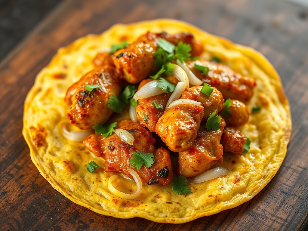 Tortilla met Surinaams gekruide kip, AI-gegenereerde illustratie