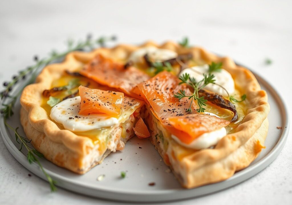 Tortillataart met zalm en prei, AI-gegenereerde illustratie