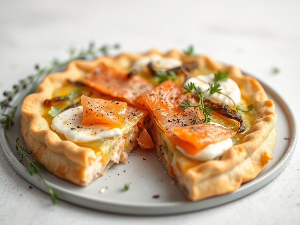 Tortillataart met zalm en prei, AI-gegenereerde illustratie
