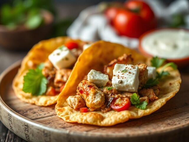 Tortillawraps met kip en geitenkaas — AI-gegenereerde illustratie
