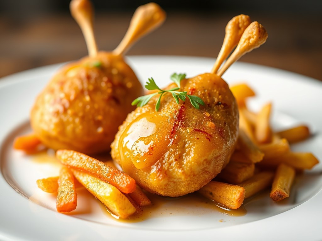 Tournedos met kalfszwezeriken en aardappelchips, AI-gegenereerde illustratie