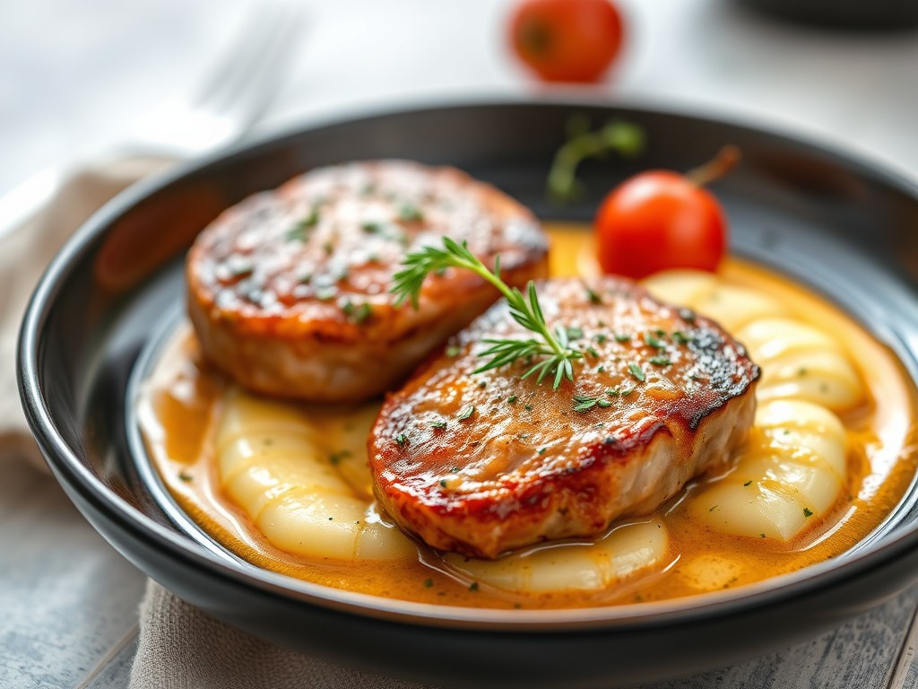 Tournedos met rapen en knolselderpuree, AI-gegenereerde illustratie
