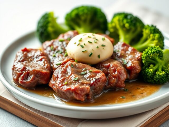 Tournedos van rundvlees met broccoli — AI-gegenereerde illustratie