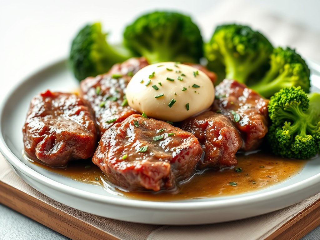 Tournedos van rundvlees met broccoli, AI-gegenereerde illustratie