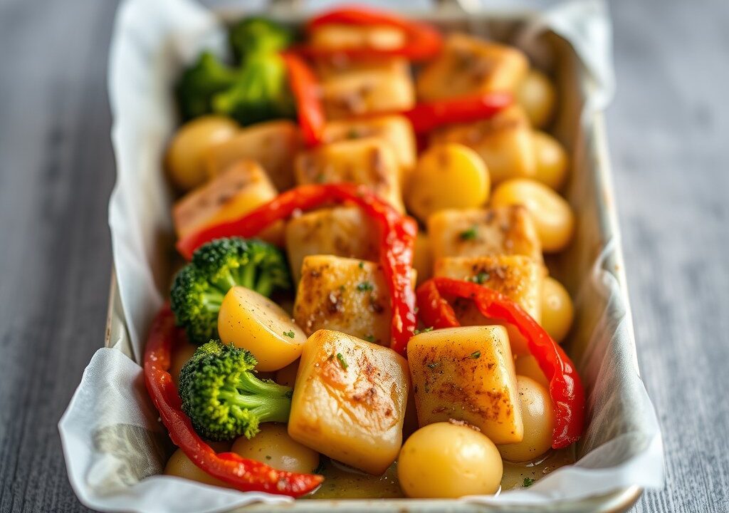 Traybake kipkluifjes met ovengroenten — AI-gegenereerde illustratie