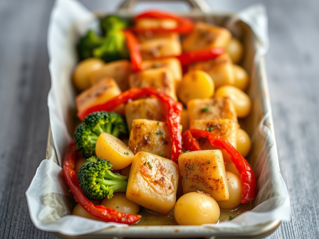 Traybake kipkluifjes met ovengroenten, AI-gegenereerde illustratie