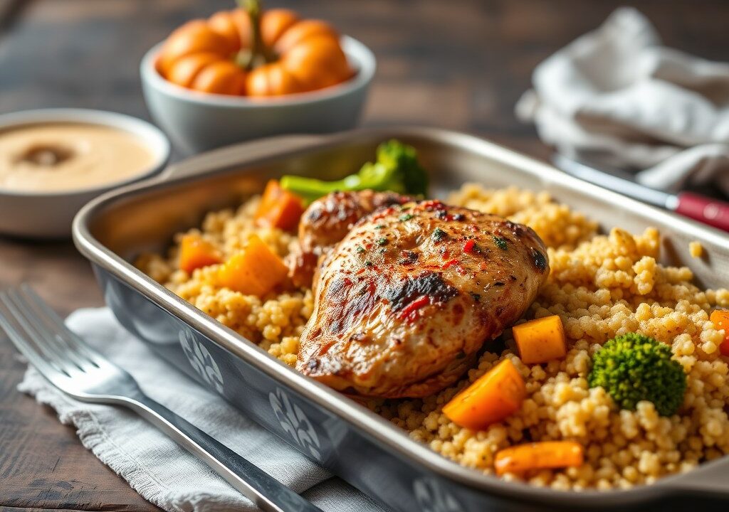 Traybake met kip, pumpkin spice, gebakken ui, pompoen en broccoli — AI-gegenereerde illustratie