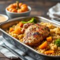 Traybake met kip, pumpkin spice, gebakken ui, pompoen en broccoli