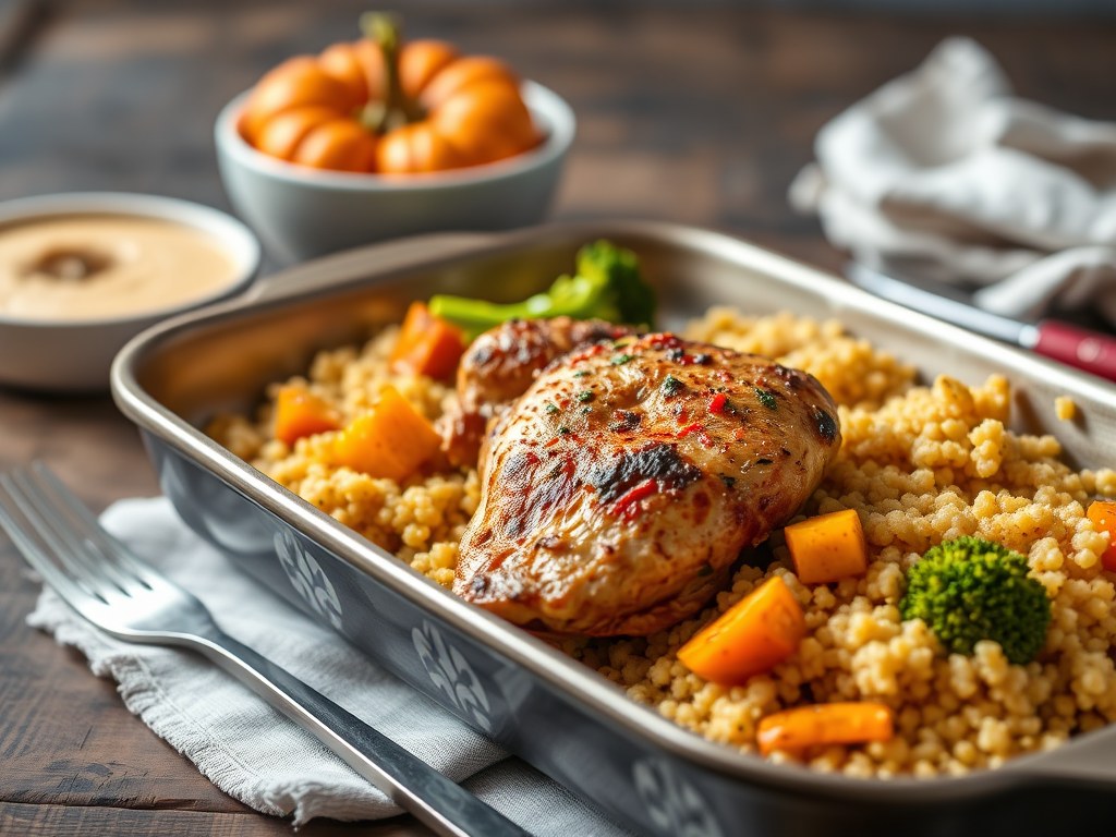 Traybake met kip, pumpkin spice, gebakken ui, pompoen en broccoli, AI-gegenereerde illustratie