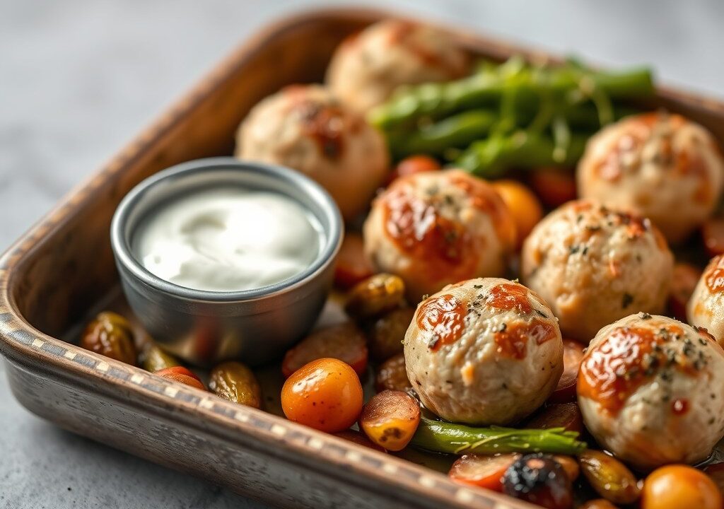 Traybake van kipgehaktballetjes en geroosterde wintergroenten met een frisse yoghurtdip — AI-gegenereerde illustratie
