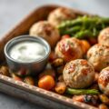 Traybake van kipgehaktballetjes en geroosterde wintergroenten met een frisse yoghurtdip