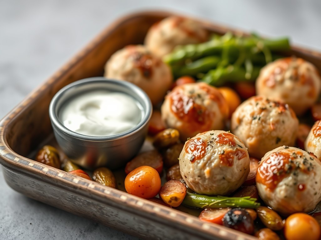 Traybake van kipgehaktballetjes en geroosterde wintergroenten met een frisse yoghurtdip, AI-gegenereerde illustratie