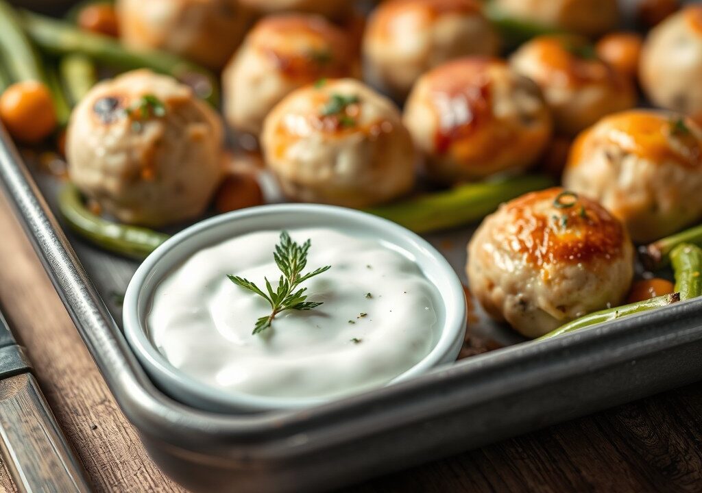 Traybake van kipgehaktballetjes en geroosterde wintergroenten met een frisse yoghurtdip — AI-gegenereerde illustratie