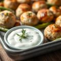 Traybake van kipgehaktballetjes en geroosterde wintergroenten met een frisse yoghurtdip