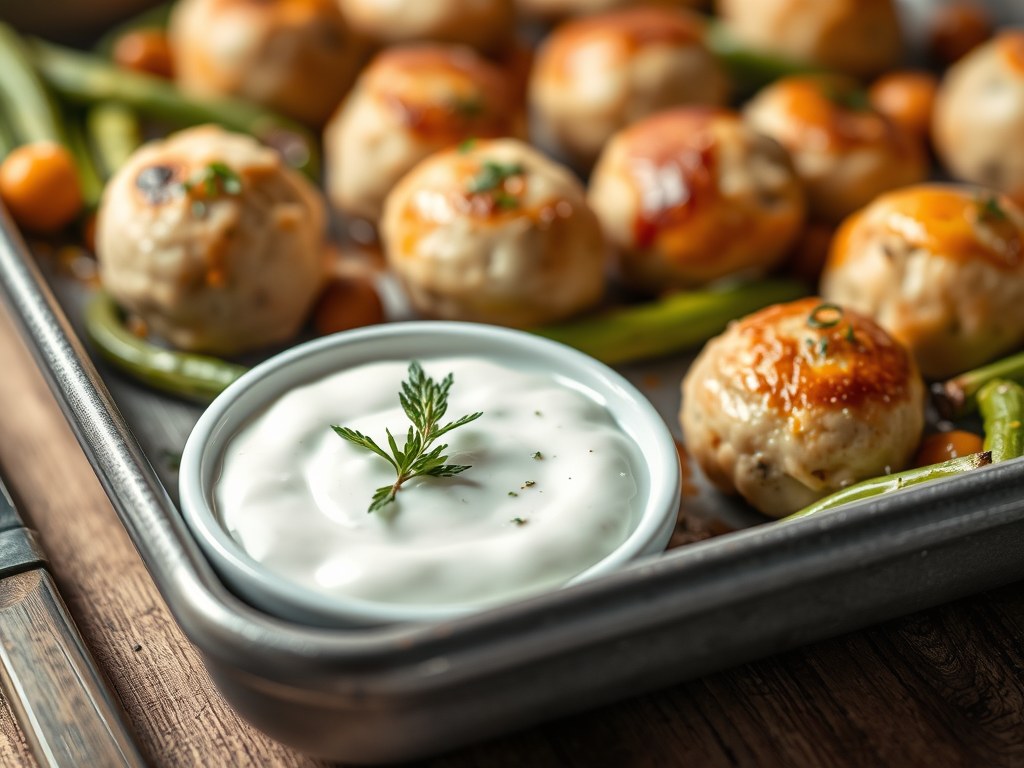 Traybake van kipgehaktballetjes en geroosterde wintergroenten met een frisse yoghurtdip, AI-gegenereerde illustratie