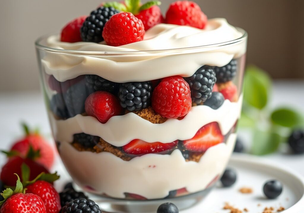 Trifle met bessen en witte chocolademousse — AI-gegenereerde illustratie