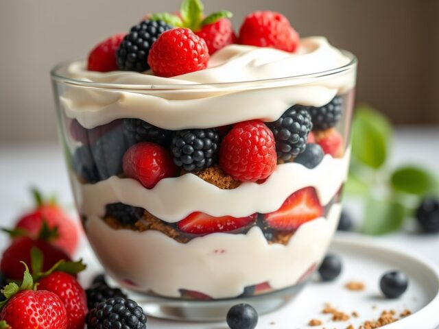 Trifle met bessen en witte chocolademousse — AI-gegenereerde illustratie