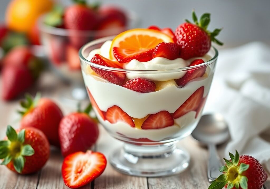 Trifle met mascarpone, advocaat en fruit — AI-gegenereerde illustratie