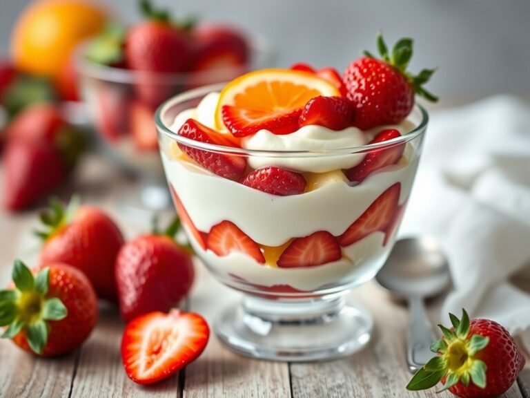Trifle met mascarpone, advocaat en fruit — AI-gegenereerde illustratie